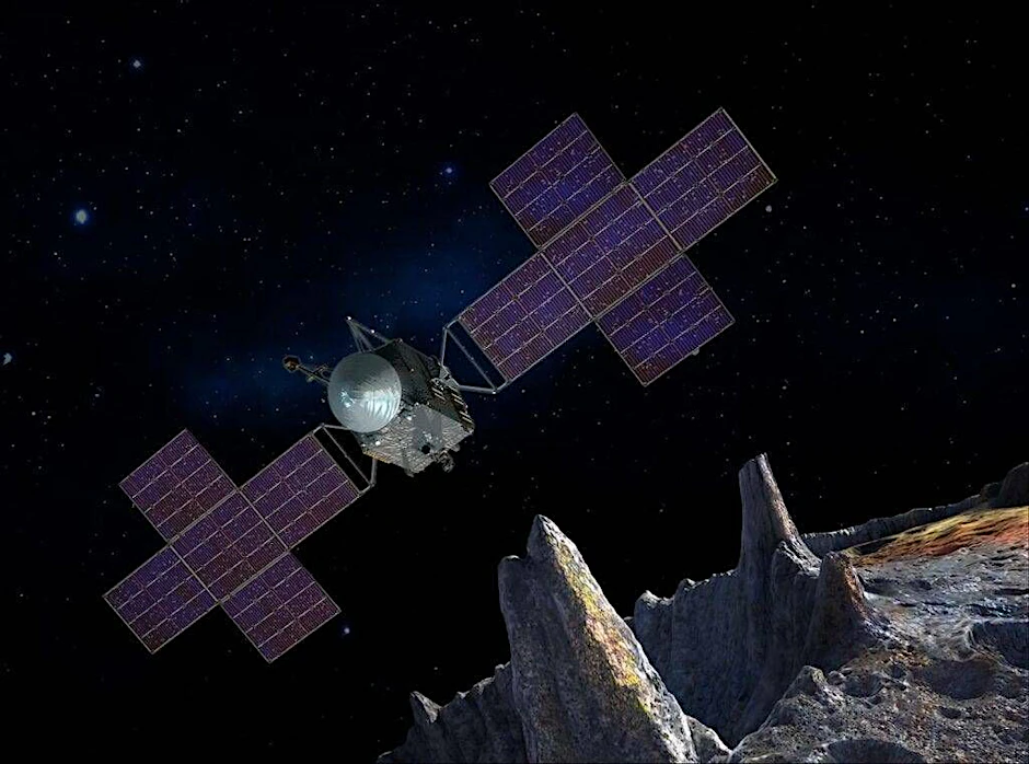 Eine Animation zeigt die Raumsonde der NASA-Mission „Psyche“ auf dem Weg zu ihrem Ziel, dem Metallasteroiden Psyche.