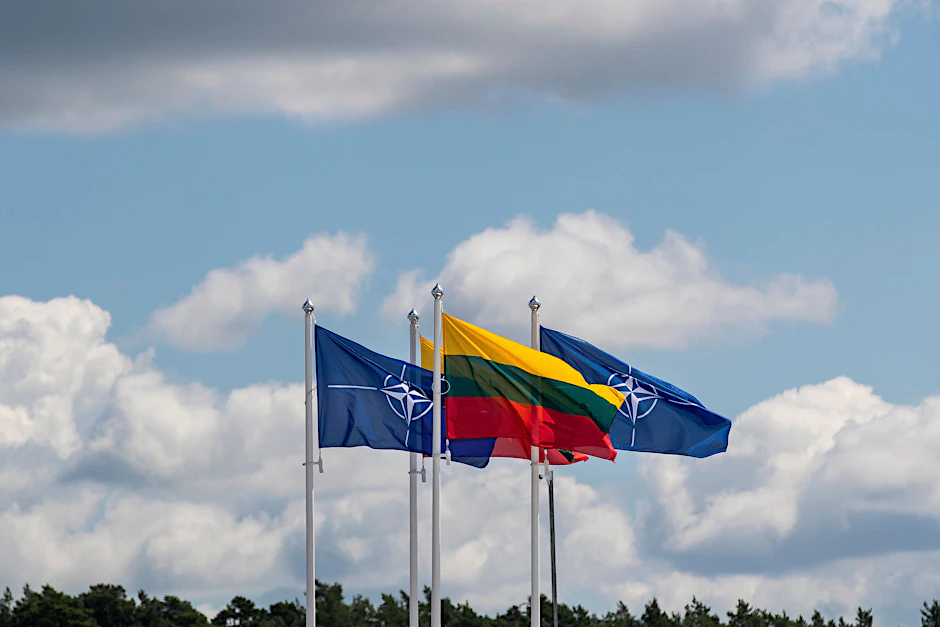 Flaggen der Nato-Mitgliedsländer wehen im Wind vor dem Veranstaltungsort des Nato-Gipfels.