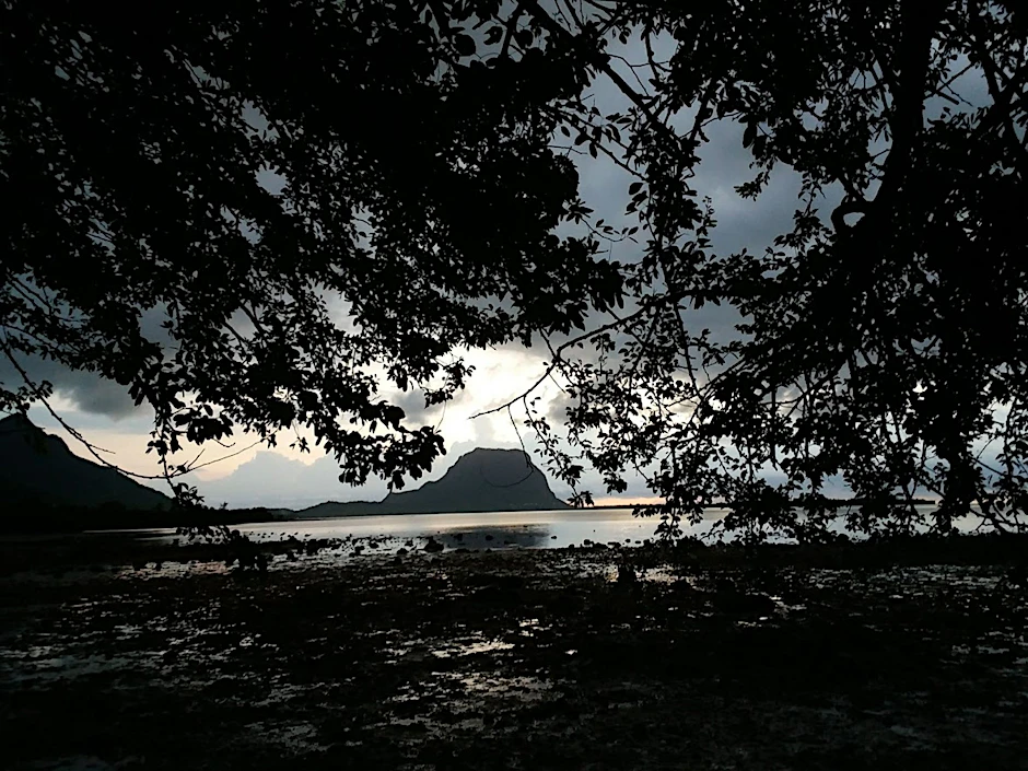 Der Berggipfel Le Morne Brabant ist in der Ferne zu sehen.