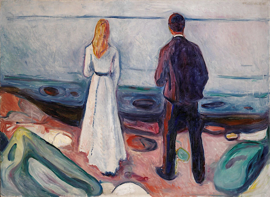 Edvard Munch: „Zwei Menschen. Die Einsamen“, ein Gleichnis für Entfremdung. Vorlage war das Chemnitzer Ehepaar Perls, das sich alsbald trennte. Das Bild gehörte den Kunstsammlungen Chemnitz und wurde von Nazis als „entartet“ verkauft.