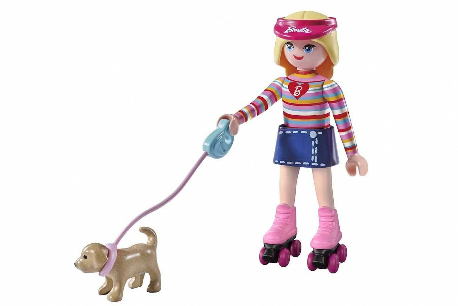 Barbie mit Rollschuhen und Hund an der Leine.