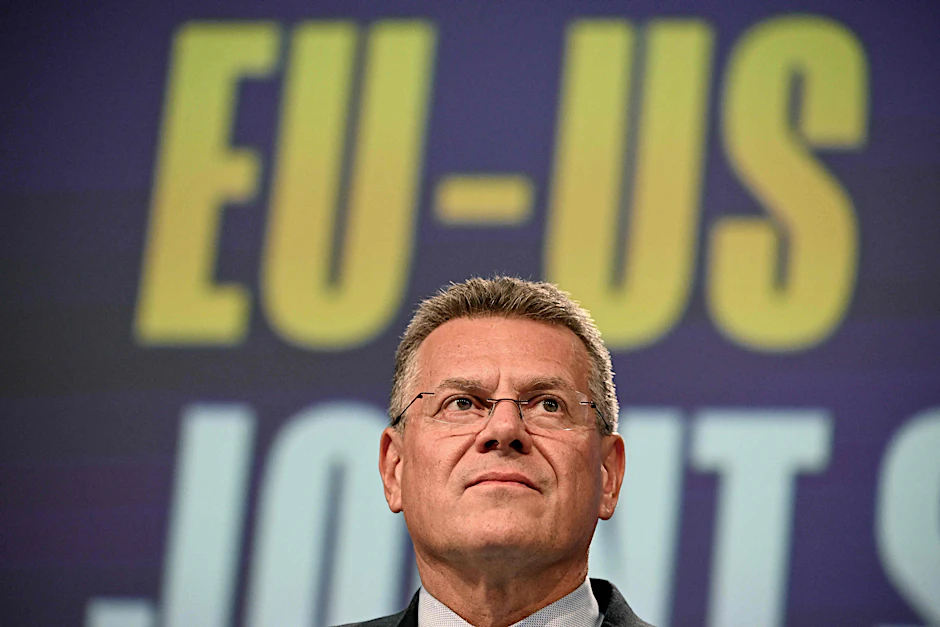 Maros Sefcovic, EU-Kommissar für Handel und wirtschaftliche Sicherheit bei einer Pressekonferenz am Donnerstag.