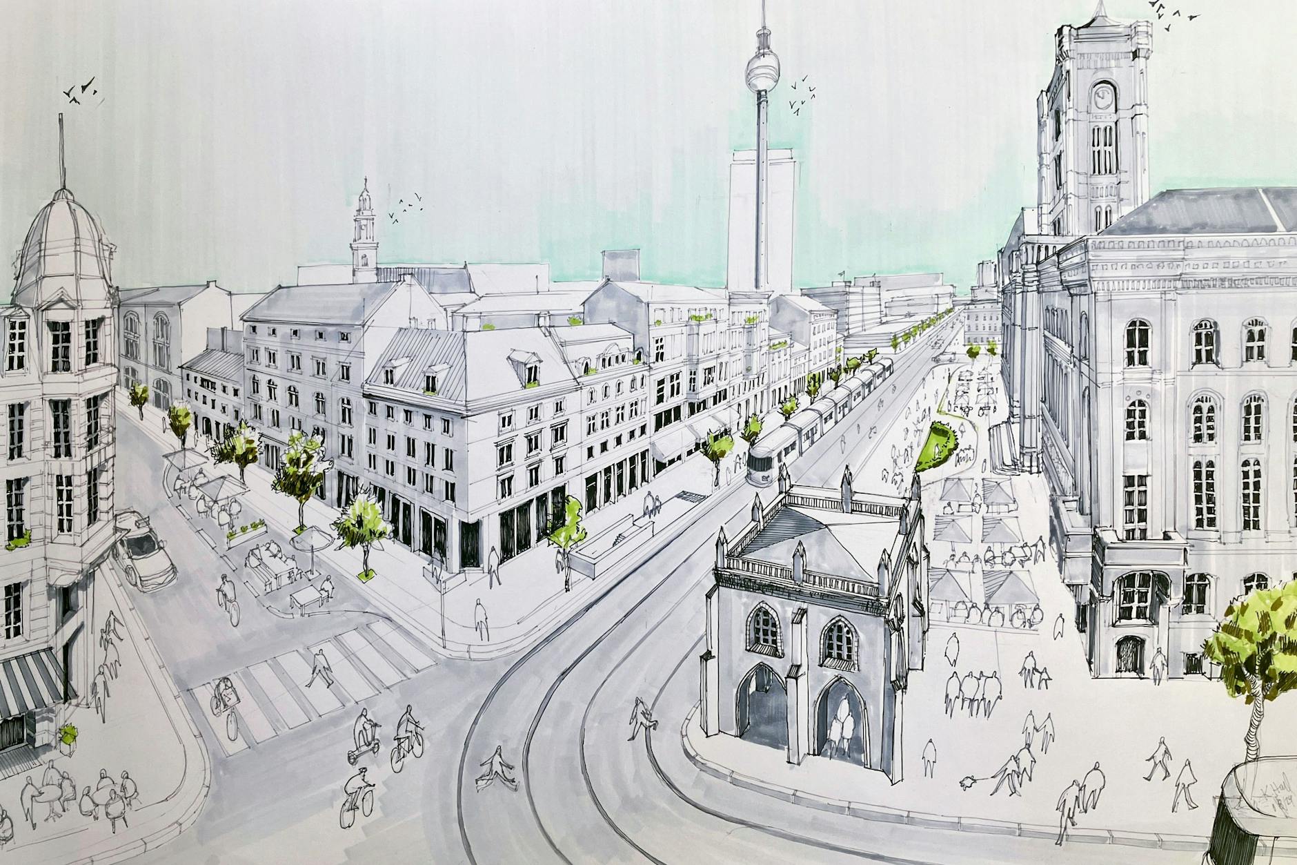 Die Zeichnung von Katharina Hagl zeigt, wie das heute unbebaute Rathausforum unter Einbeziehung historischer Elemente aussehen könnte. Da steht an der Ecke vom Roten Rathaus am ursprünglichen Standort die Berliner Gerichtslaube (heute im Park Babelsberg). Zwischen Marienkirche und Rotem Rathaus liegt der Neue Markt und seine Umbauung.