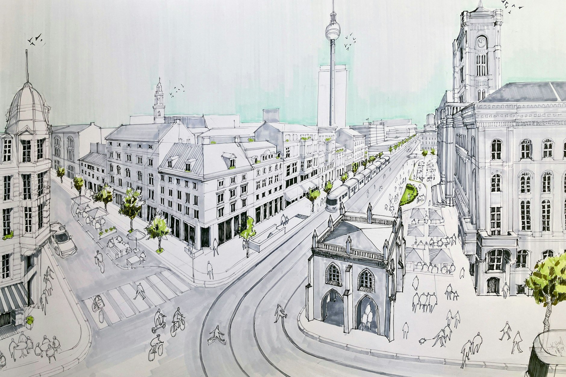 Die Zeichnung von Katharina Hagl zeigt, wie das heute unbebaute Rathausforum unter Einbeziehung historischer Elemente aussehen könnte. Da steht an der Ecke vom Roten Rathaus am ursprünglichen Standort die Berliner Gerichtslaube (heute im Park Babelsberg). Zwischen Marienkirche und Rotem Rathaus liegt der Neue Markt und seine Umbauung.