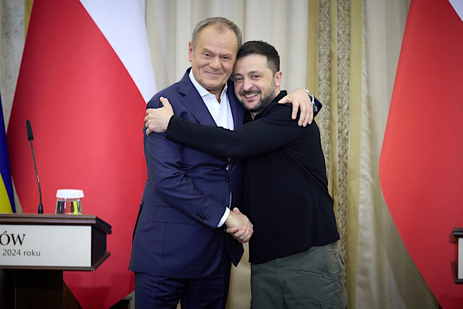 Polens Ministerpräsident Donald Tusk und der ukrainische Staatschef Wolodymyr Selenskyj. Polen zählt zu den wichtigsten Unterstützern der Ukraine.
