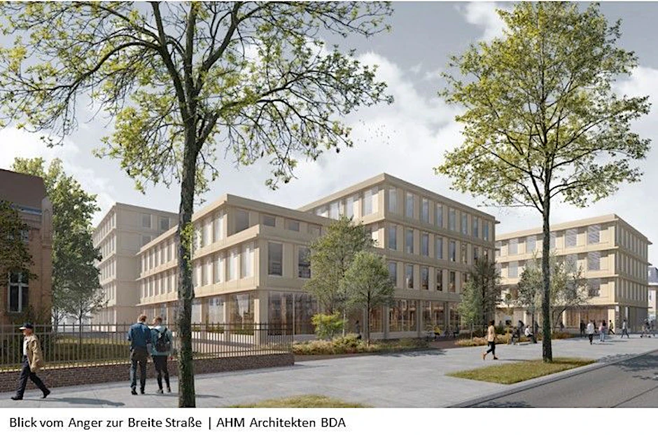 Visualisierung: So soll die Brache am Pankower Anger bebaut werden. Entlang der Breiten Straße wird es Geschäfte geben.