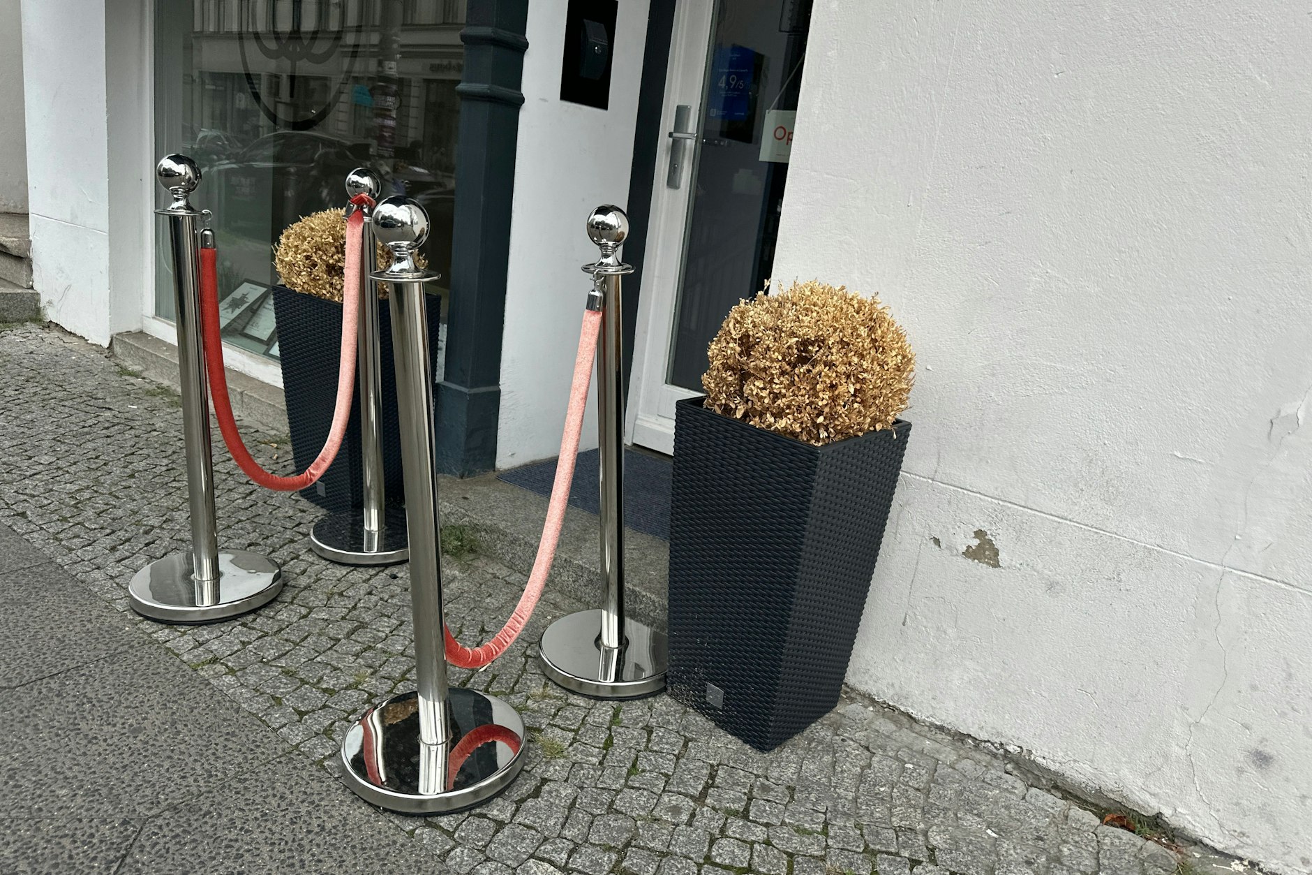 Mehr R.I.P. als VIP: Ein trauriger Promi-Eingang mit toten Buchsbäumen. Da möchte man nicht wissen, wie es drinnen aussieht.