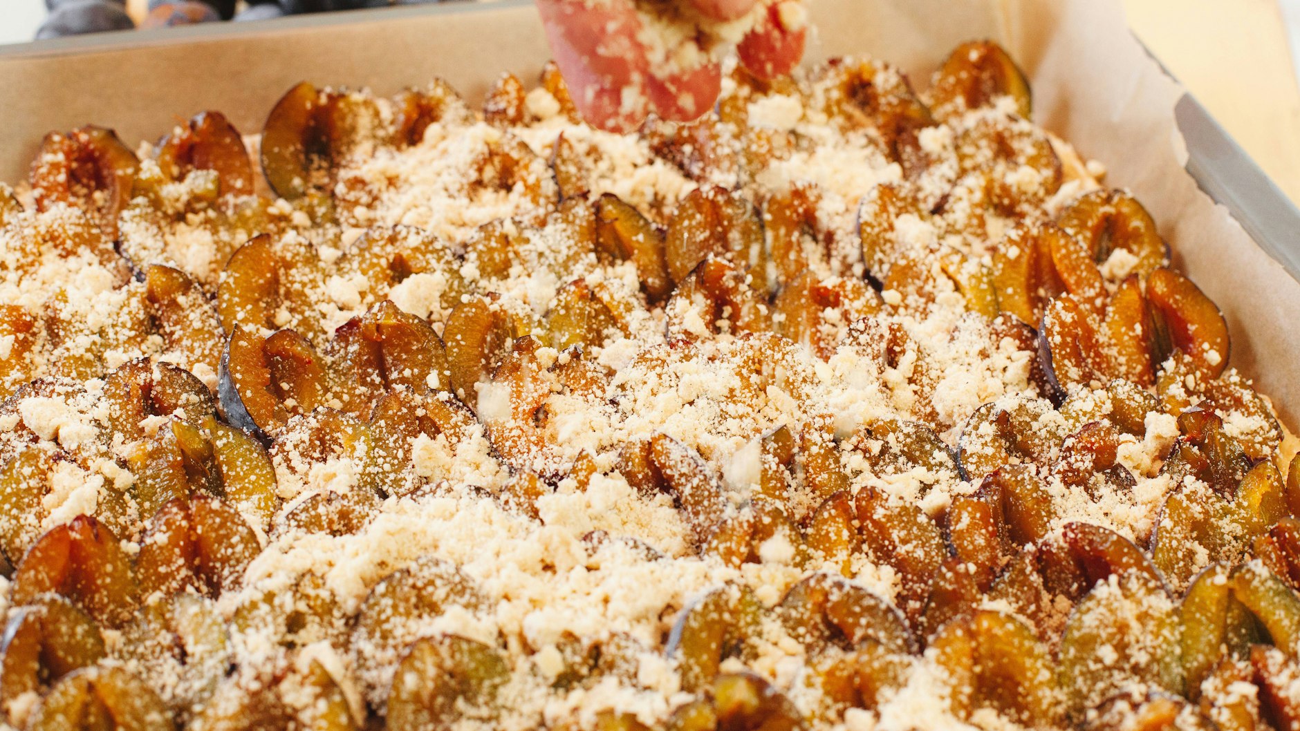 Die Pflaumen werden auf dem Teigboden verteilt, dann kommen die knusprigen Streusel darüber. Dieser Kuchen ist einfach ein Gedicht!