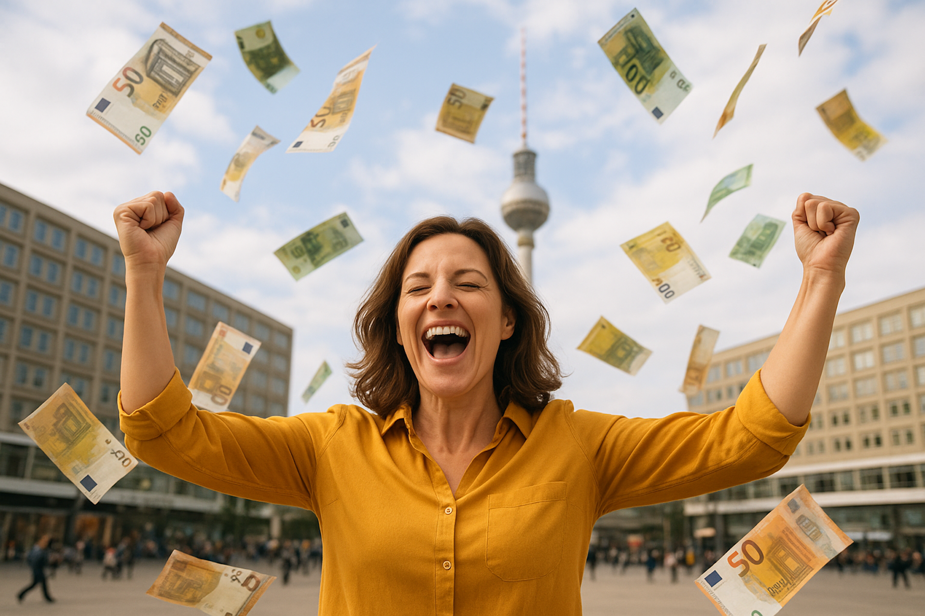 In Berlin könnte man mit 120 Millionen Euro viel machen - wir haben nachgerechnet, welche Träume sich ein Lottogewinner oder eine Lottogewinnerin erfüllen könnte. Wie der Jubel auf dem Alexanderplatz aussehen könnte, zeigt uns hier die KI.