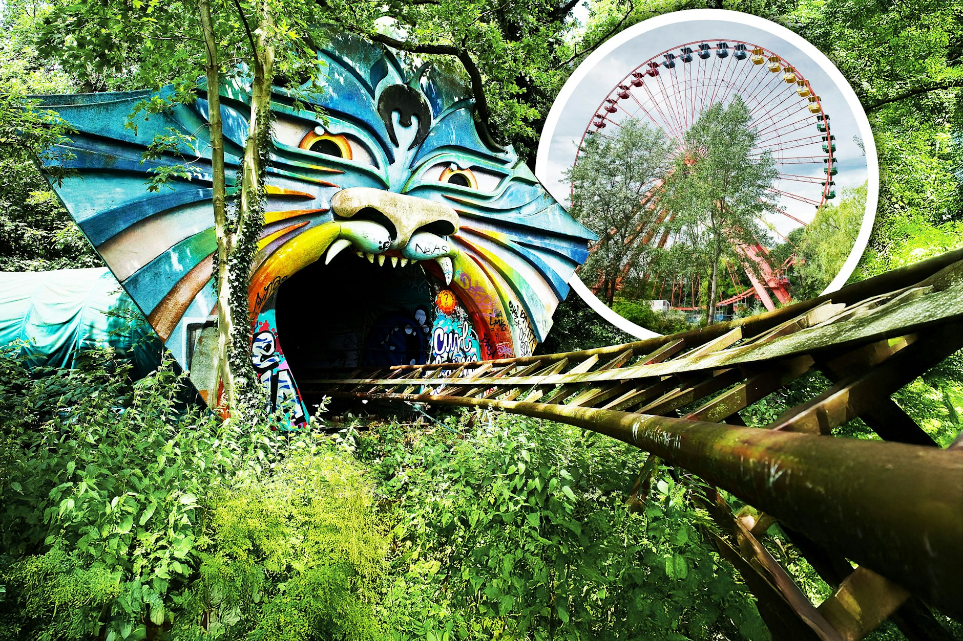 Die Achterbahn Spreeblitz im Spreepark wird sich in einen begehbaren Fußweg verwandeln. Früher war sie ein Magnet für Besucher. Nur das Riesenrad soll sich wieder drehen (kl. F.). 