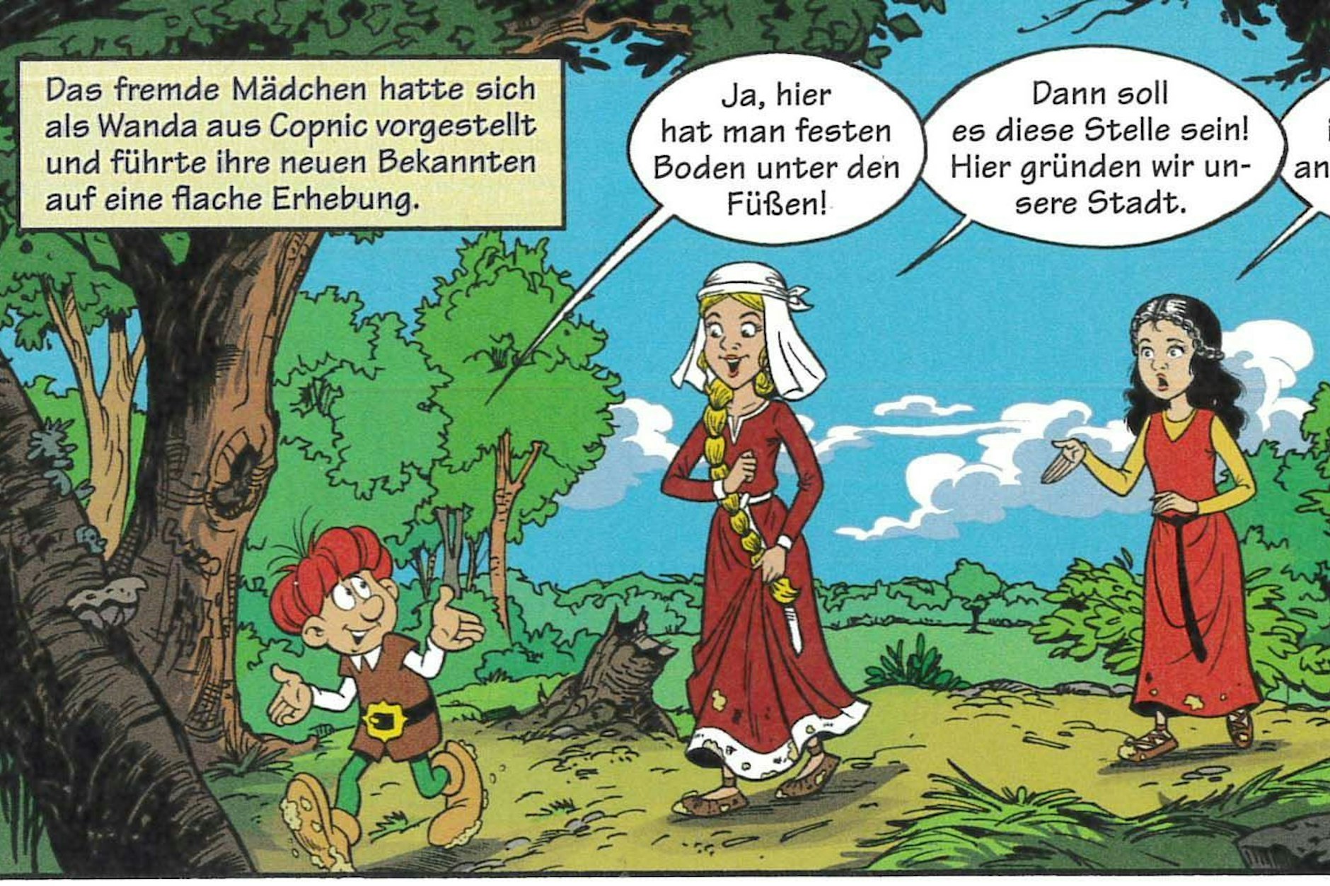 Szene aus dem Mosaik-Heft 597 mit dem Titel „Die Fehde – Abenteuer mit den ersten Berlinern“. Hier zeigt das slawische Mädchen Wanda (r.) mit Ortskenntnis Brabax und der neu angekommenen Katherina eine trockene Stelle im Sumpf. Dort gründeten sie Berlin. Es könnte sich um die Talsand-Insel handeln, auf der die Nikolaikirche und das sie umgebende Viertel entstanden.