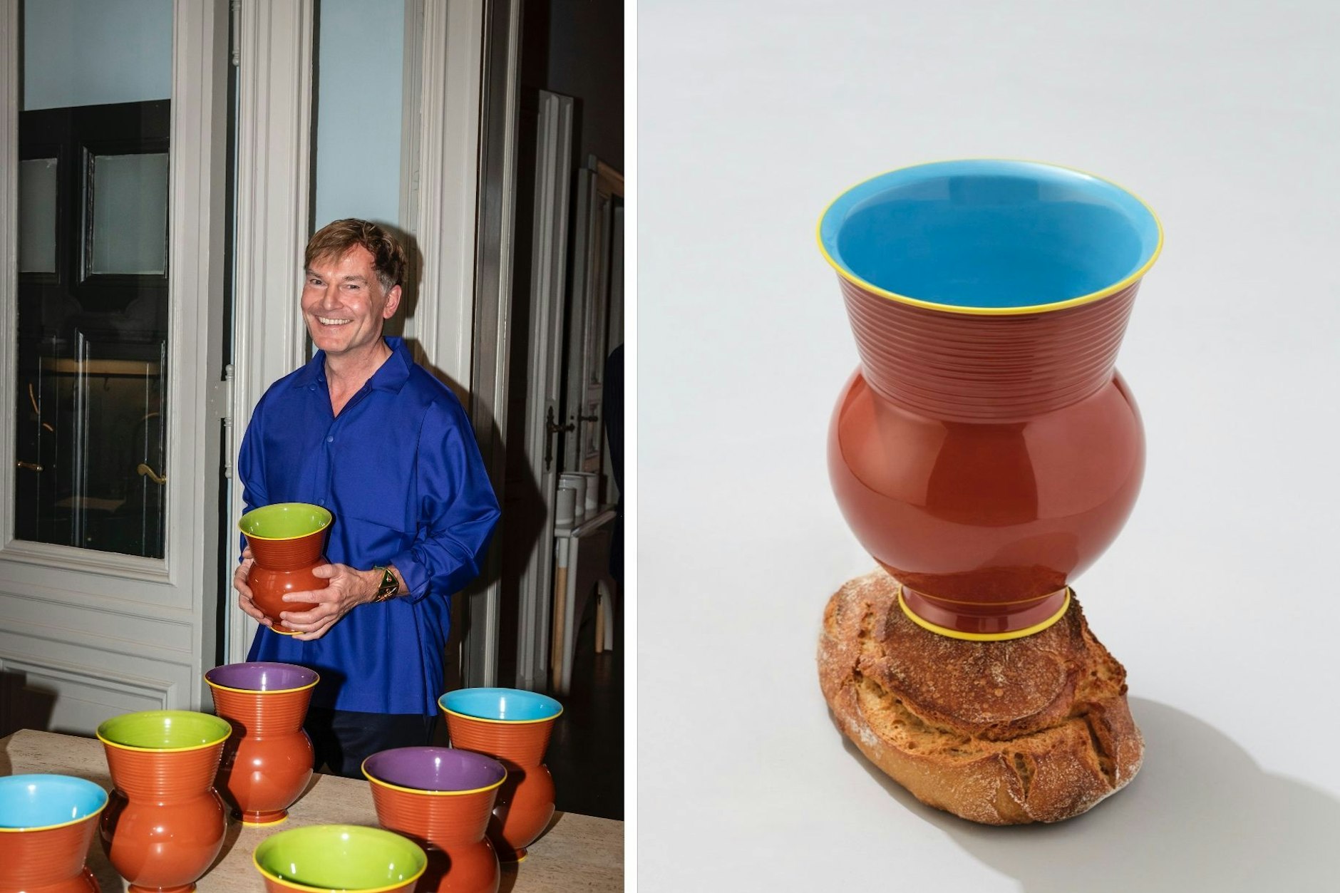 Farbe frei! Gisbert Pöppler zeigt stolz seine farbenfrohe Interpretation der „Halle“-Vase.