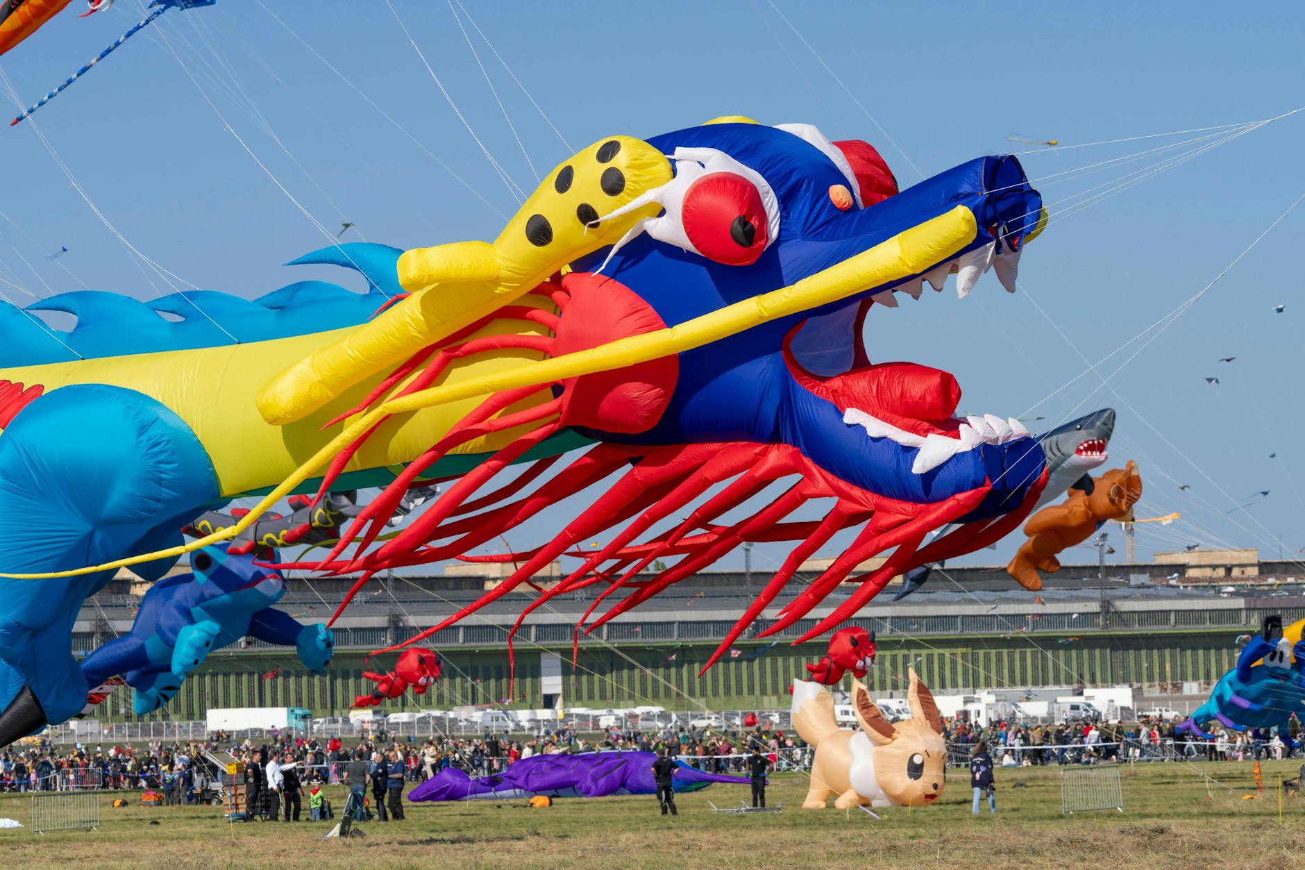 Etliche Riesendrachen erhoben sich am Samstag in den Himmel über dem Tempelhofer Feld.