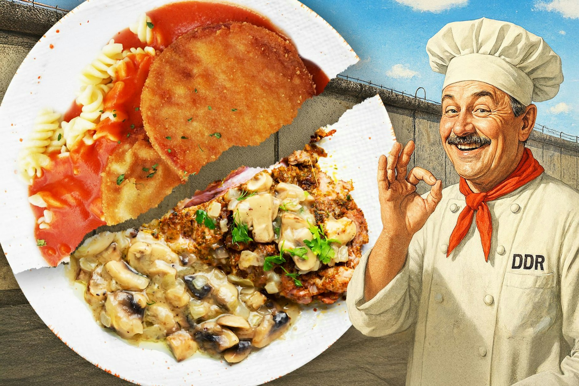 Auch 35 Jahre nach der Einheit sind sich Ost und West uneinig: Welches ist das perfekte Jägerschnitzel? Die einen bevorzugen die Variante mit Pilzen, die anderen setzen auf Jagdwurst und Spirelli.