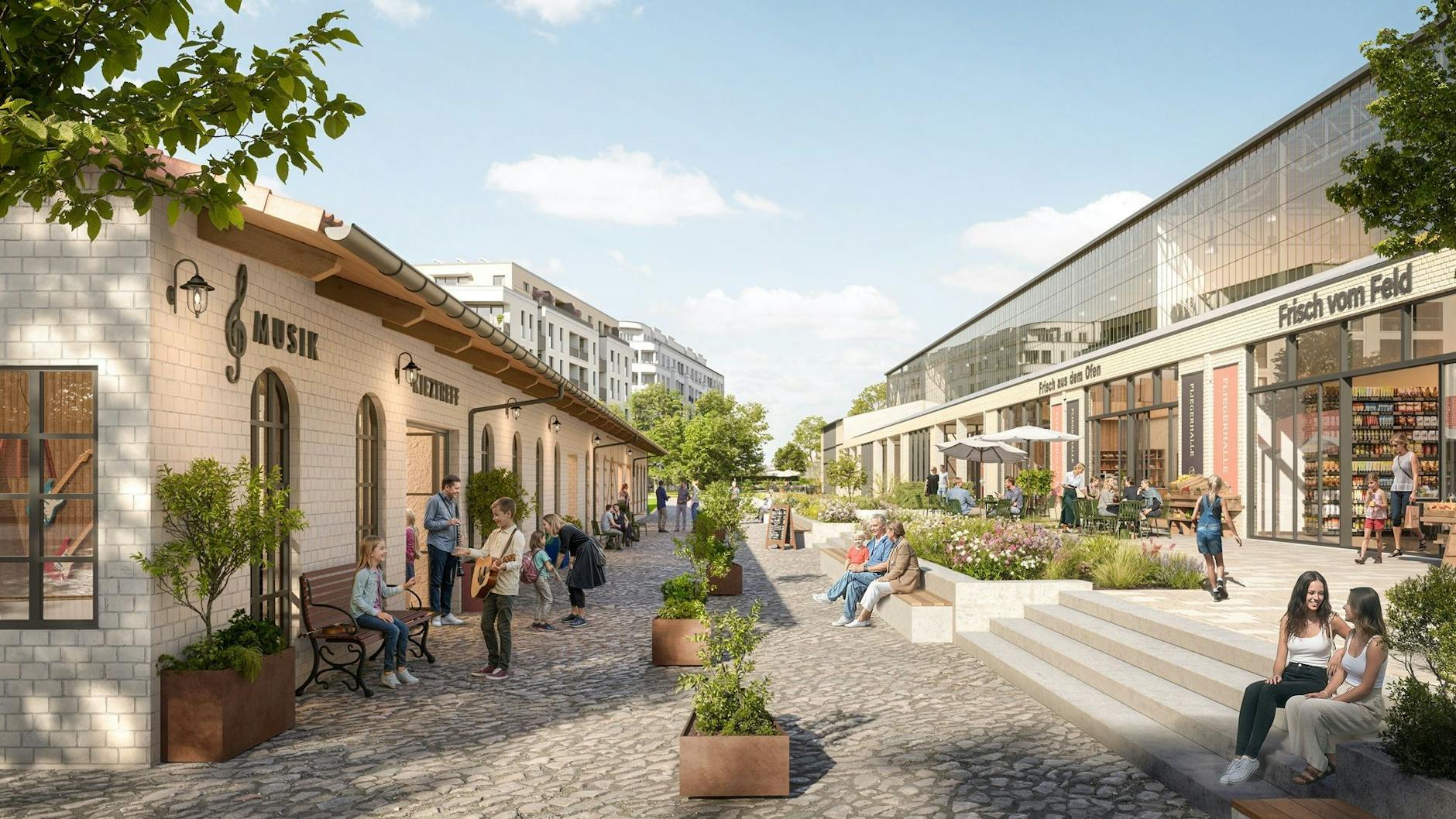 So soll es ausssehen: Blick in das künftige Segelflieger Quartier, das in Berlin-Johannisthal entsteht. Rechts ist die ehemalife Luftschiffhalle zu sehen.