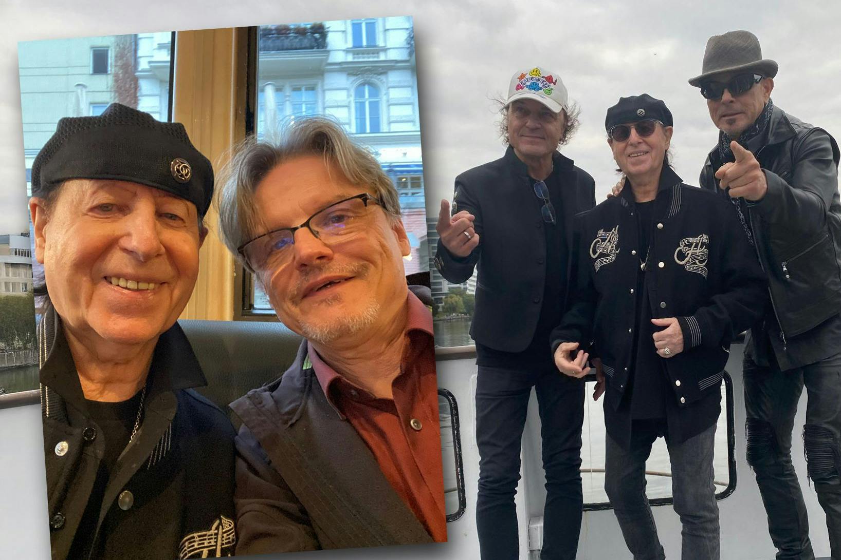 Am Mittwochabend feiern die Scorpions (Rudolf Schenker, Klaus Meine und Matthias Jabs) auf einem Schiff auf der Spree den 60. Geburtstag ihrer Band. Der KURIER ist dabei! Links: KURIER-Reporter Norbert Koch-Klaucke mit Klaus Meine.