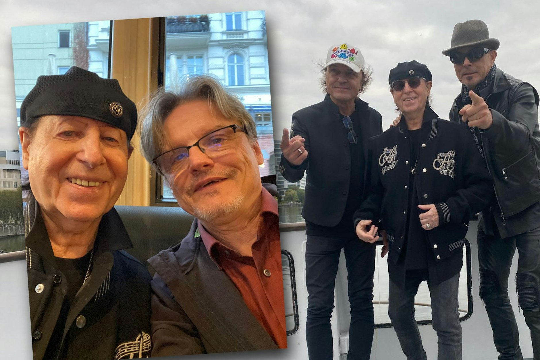 Am Mittwochabend feiern die Scorpions (Rudolf Schenker, Klaus Meine und Matthias Jabs) auf einem Schiff auf der Spree den 60. Geburtstag ihrer Band. Der KURIER ist dabei! Links: KURIER-Reporter Norbert Koch-Klaucke mit Klaus Meine.