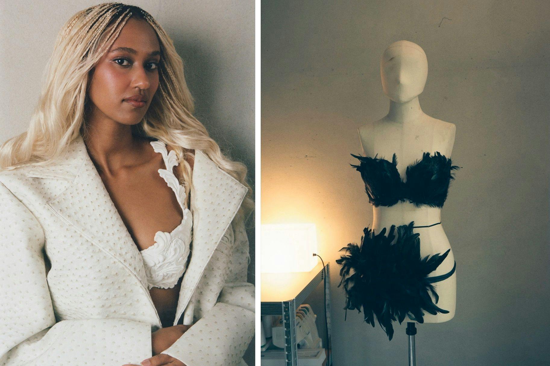 Ein Gummi-BH mit Stuck-Ornamenten, ein Kostüm aus schwarzen Federn – Ghebreweldis eigene Entwürfe zeichnen sich gerne durch ungewöhnliche Materialien aus.