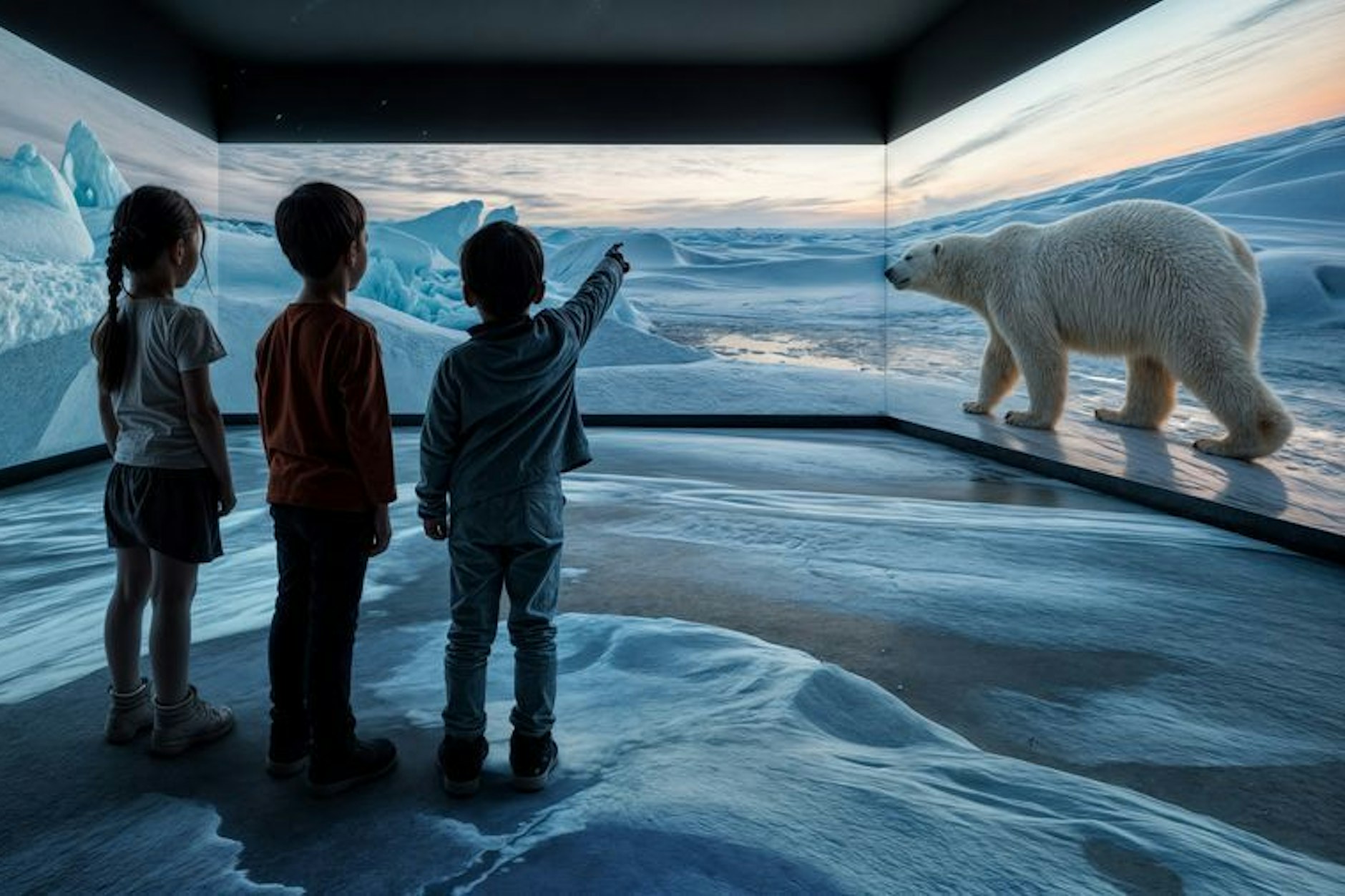 Kinder bestaunen einen Eisbären im großen Erlebnisraum mit interaktiver 360-Grad-Projektion.