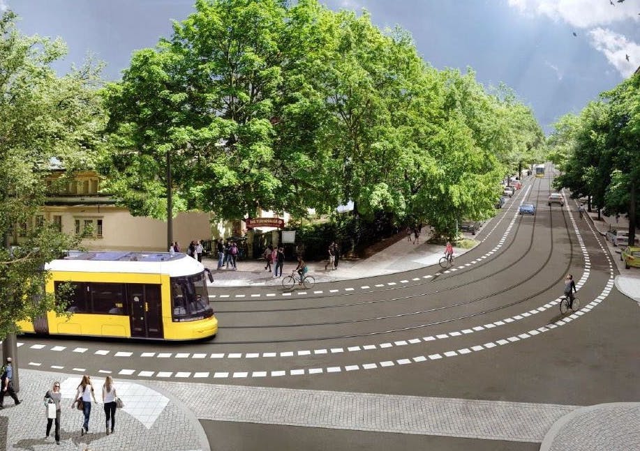 Die Visualisierung zeigt die geplante Neubaustrecke zum Ostkreuz: Über Holtei- und Sonntagstraße sollen die Tram 21 und 22 zum Bahnhof fahren. Doch Anwohner sind dagegen, und das Projekt zieht sich hin.