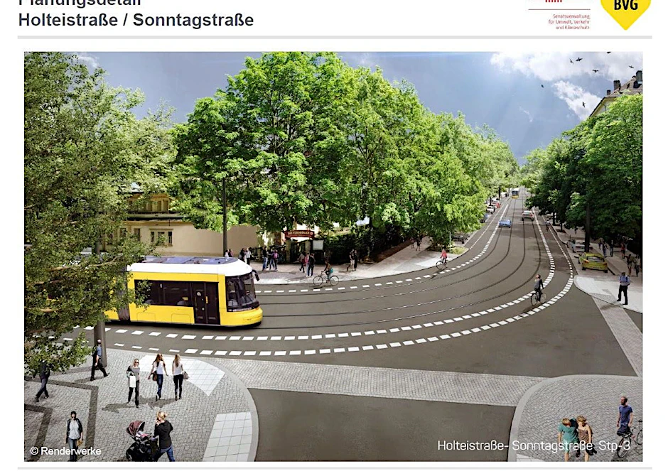 Die Visualisierung zeigt die geplante Neubaustrecke zum Ostkreuz: Über Holtei- und Sonntagstraße sollen die Tram 21 und 22 zum Bahnhof fahren. Doch Anwohner sind dagegen, und das Projekt zieht sich hin.