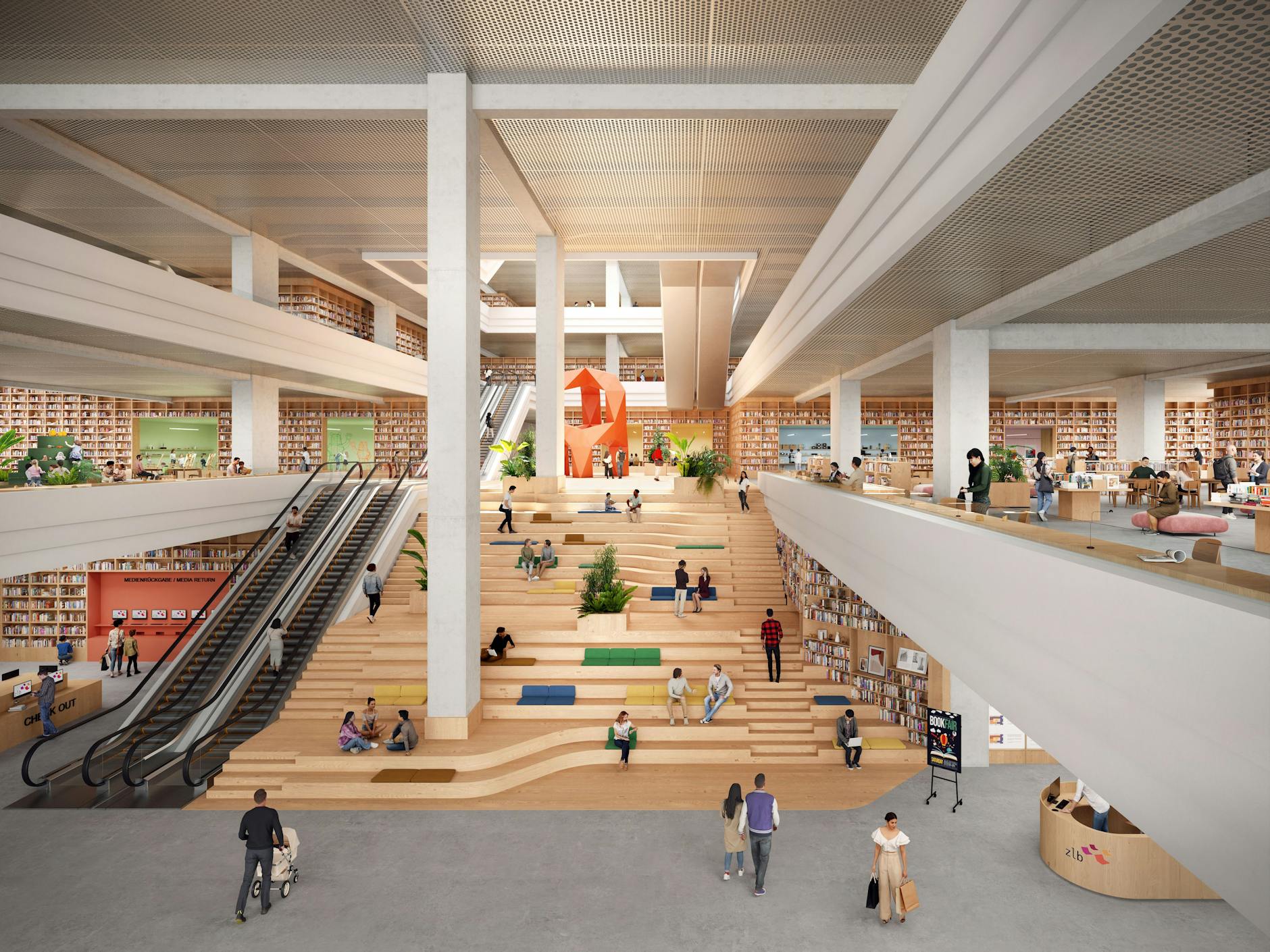 Große Freitreppe wie auf einer Show-Bühne, Bücherregale stehen dort, wo einst Verkaufsstände waren: So stellen sich Architekten die Kaufhaus-Bibliothek am Alex vor.