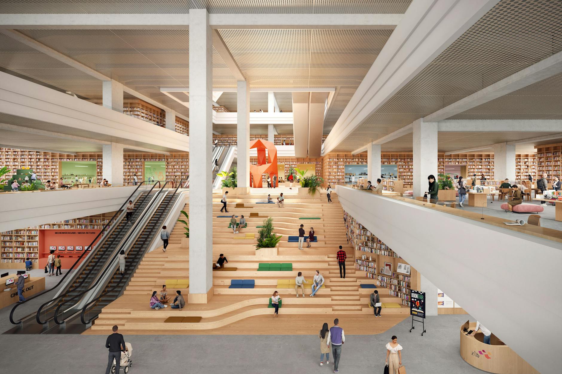 Große Freitreppe wie auf einer Show-Bühne, Bücherregale stehen dort, wo einst Verkaufsstände waren: So stellen sich Architekten die Kaufhaus-Bibliothek am Alex vor.