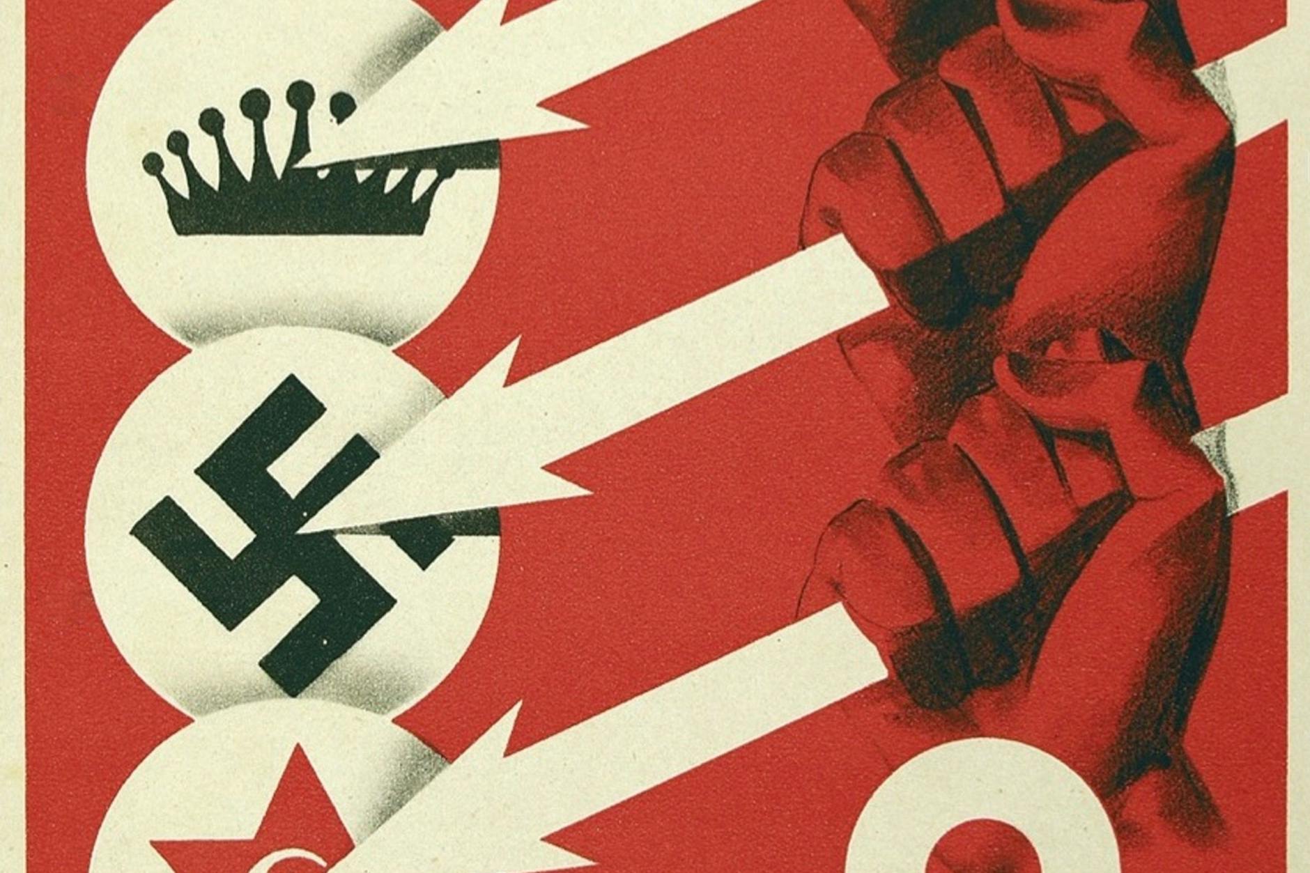 <em>Wahlplakat der Sozialdemokratischen Partei Deutschlands mit dem Symbol der drei Pfeile als Ausdruck des Widerstands gegen reaktionären Konservatismus, den Nationalsozialismus und den Kommunismus, 1932</em>