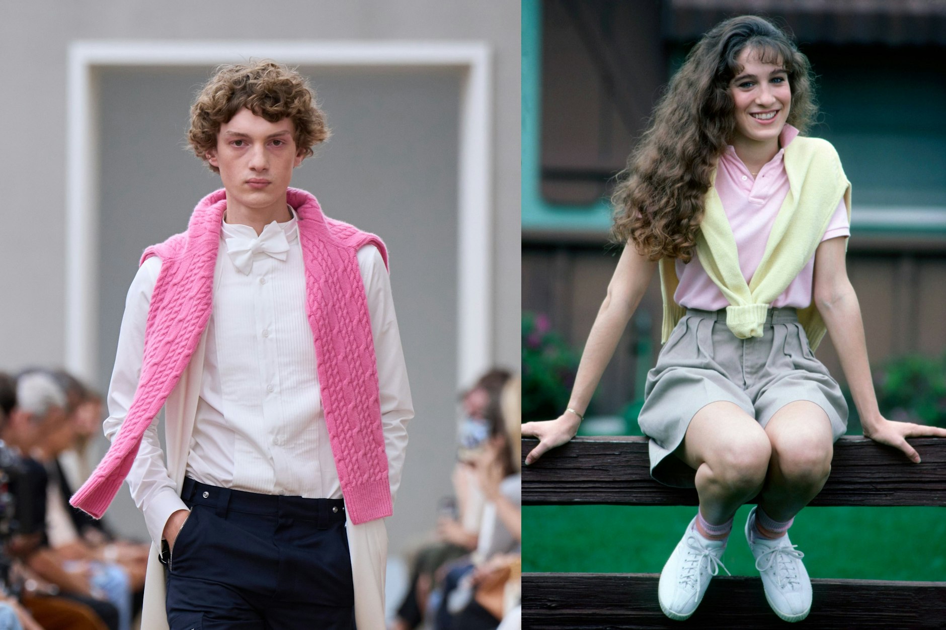 Der Schulterpullover damals und heute: Rechts an Sarah Jessica Parker in den 80er-Jahren, links bei Dior 2025.