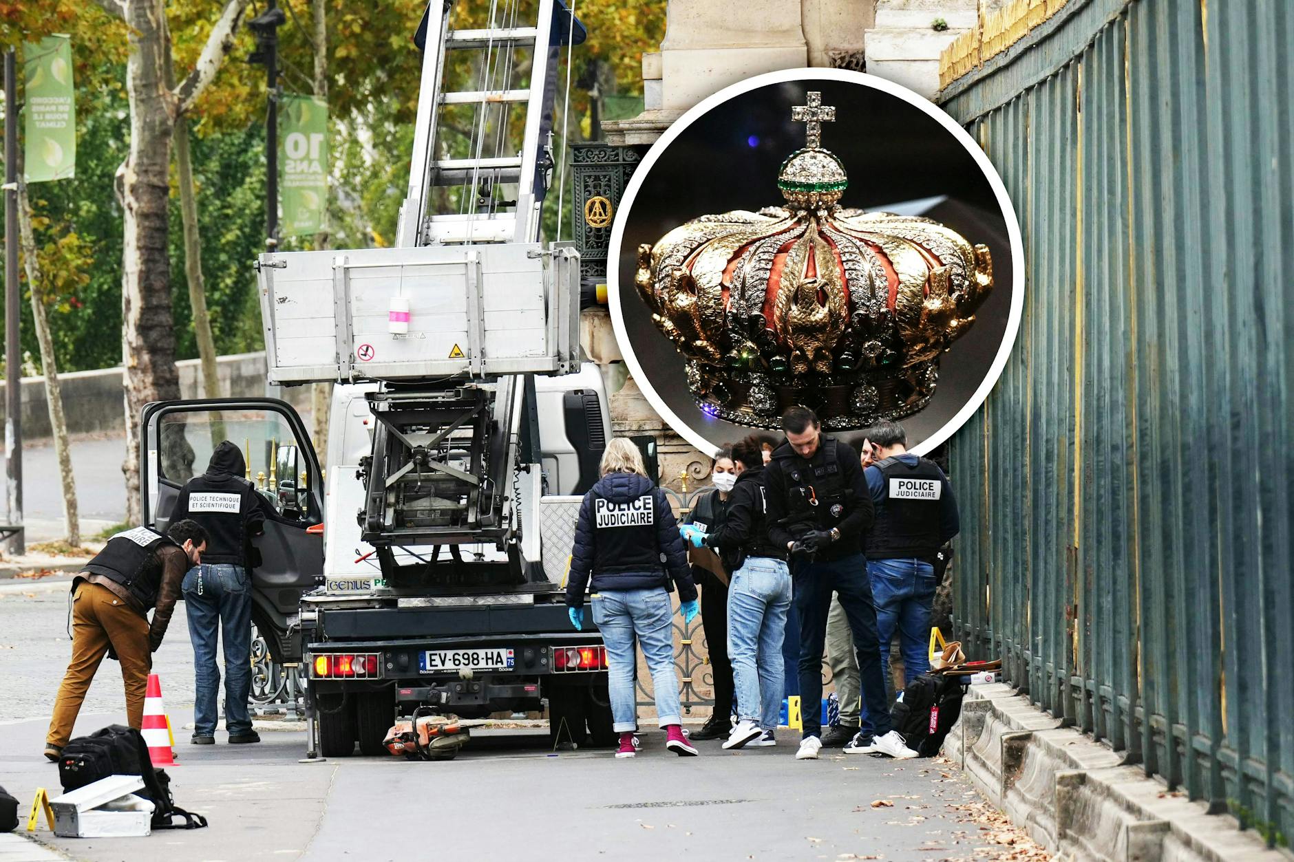 Über einen Lastenaufzug verschafften sich die Täter Zugang zum Louvre. Kleines Foto: Auch diese Krone wurde gestohlen, doch die Diebe verloren sie bei der Flucht.