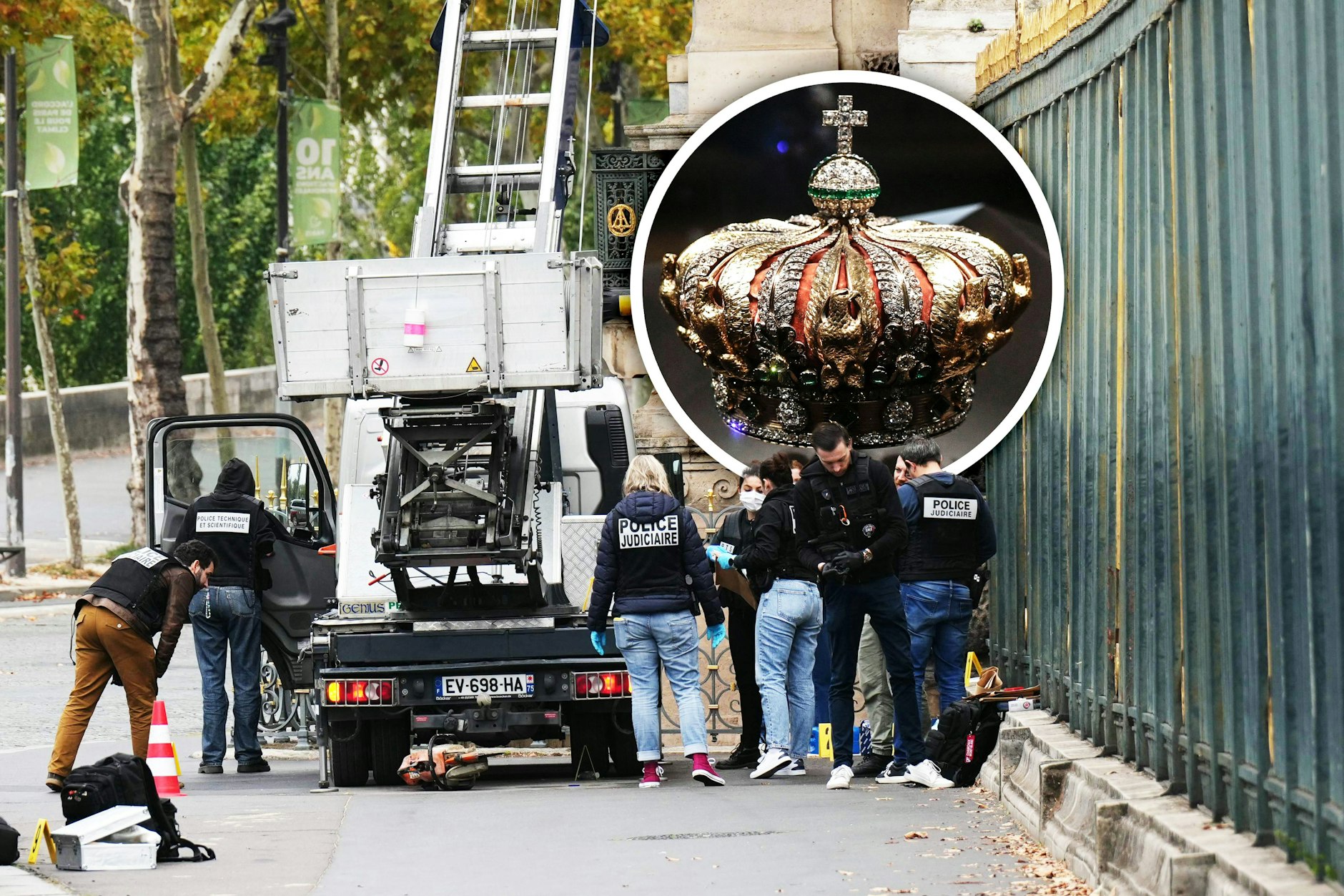 Über einen Lastenaufzug verschafften sich die Täter Zugang zum Louvre. Kleines Foto: Auch diese Krone wurde gestohlen, doch die Diebe verloren sie bei der Flucht. 