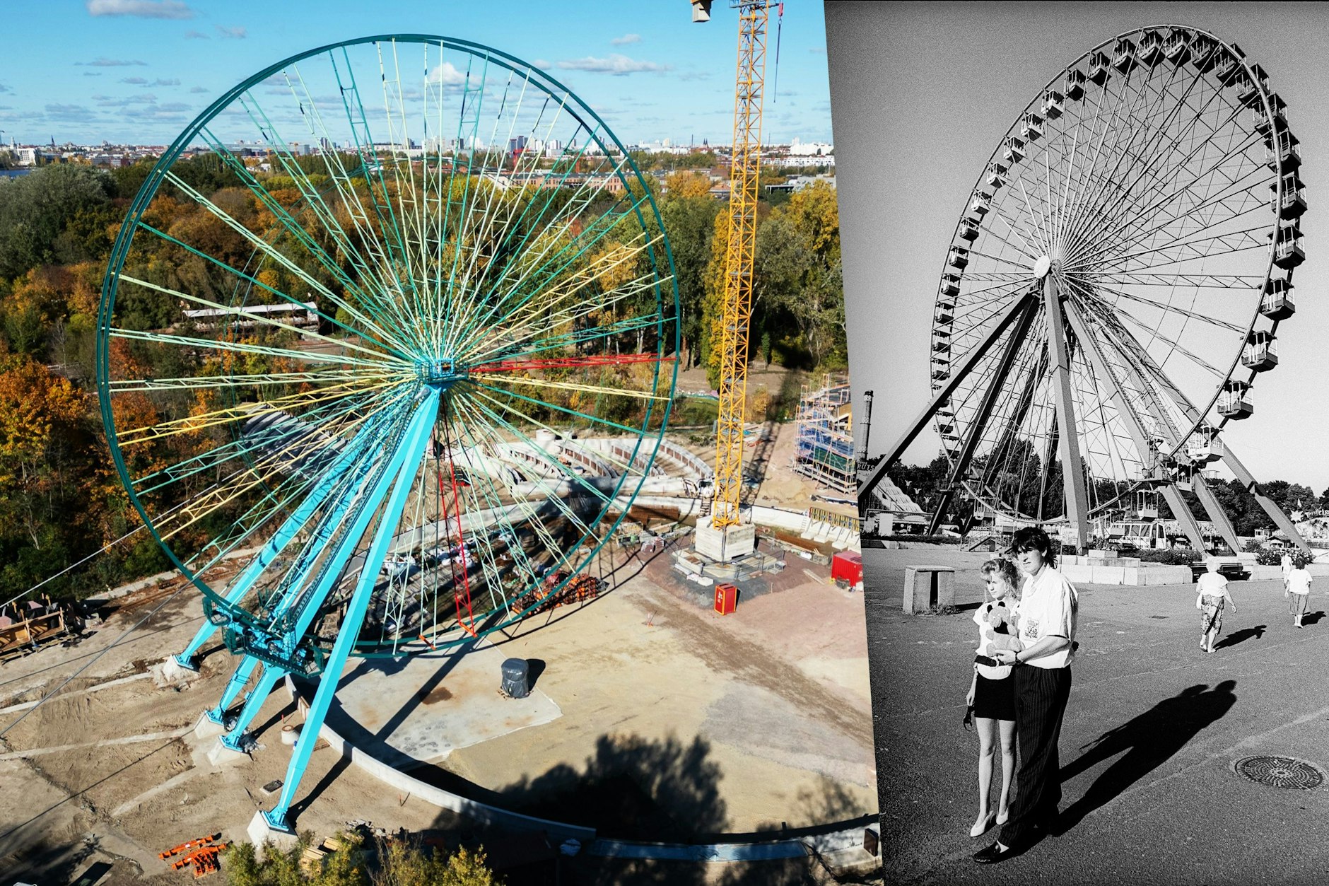 Es steht! Das Riesenrad hat inzwischen wieder seinen Weg in den Spreepark gefunden. Es hat sich im Vergleich zum Fahrgeschäft aus DDR-Zeiten aber einiges geändert.