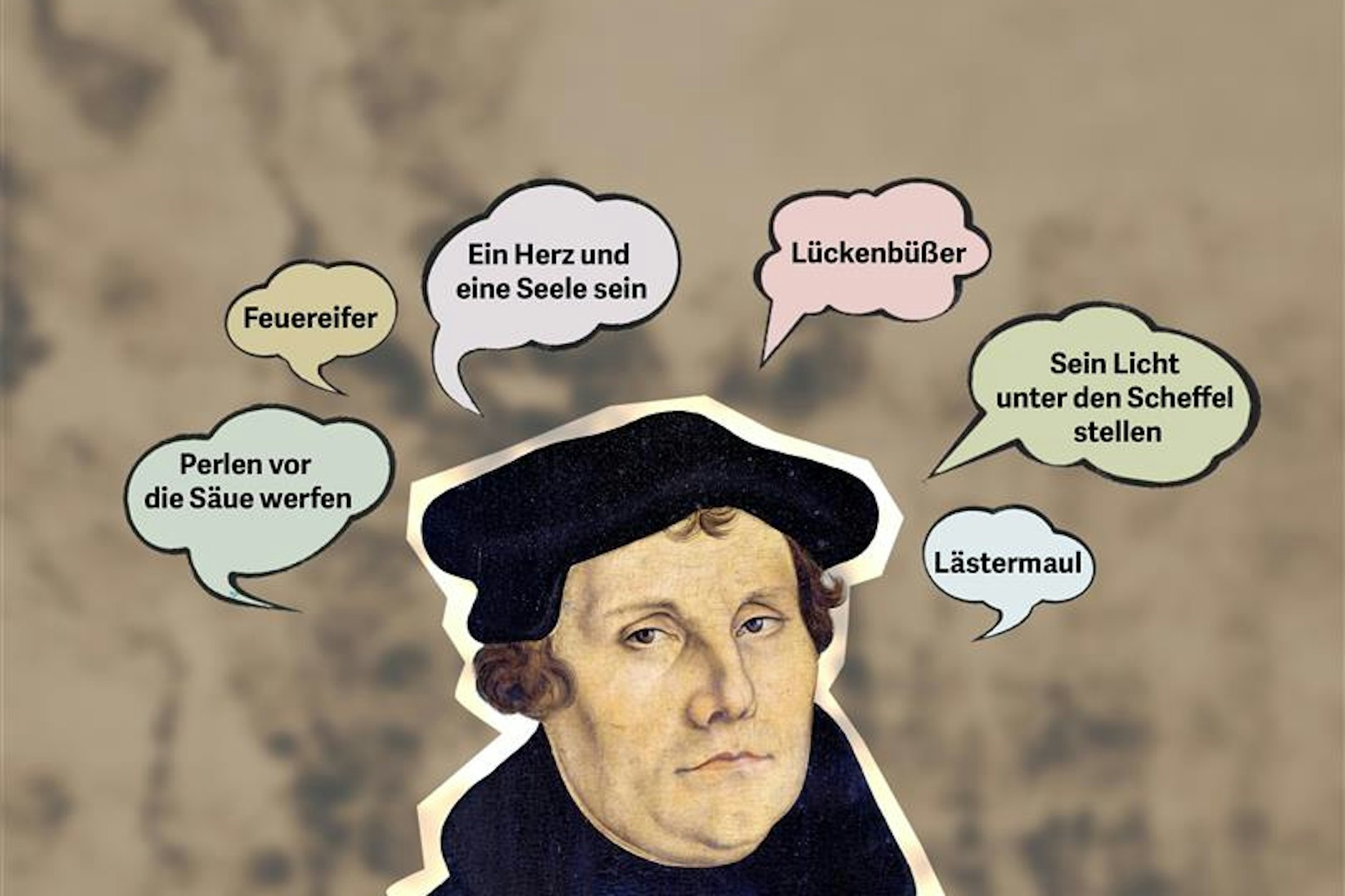Begriffe und Redewendungen von Martin Luther. Montage mit dem Porträt des Refomers vom Künstler Lucas Cranach dem Älteren von 1528.