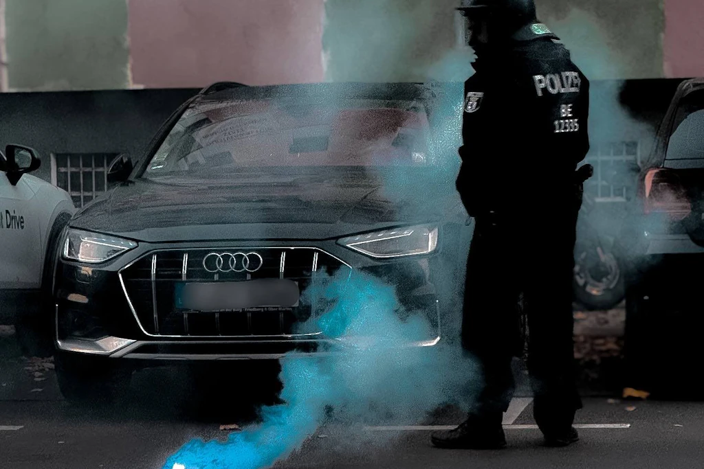 Beim Protest gegen die Räumung der besetzten Wohnungen in der Habersaathstraße werden Feuerwerkskörper gegen die Berliner Polizei eingesetzt.