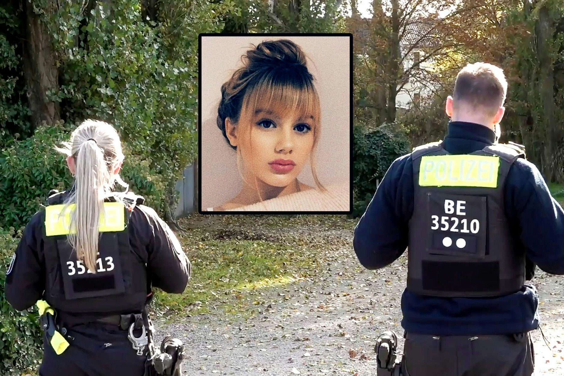 Mord-Fall Rebeca: Polizei-Beamte stehen vor dem Grundstück in Tauche (Landkreis Oder-Spree) wo die Durchsuchungen laufen.