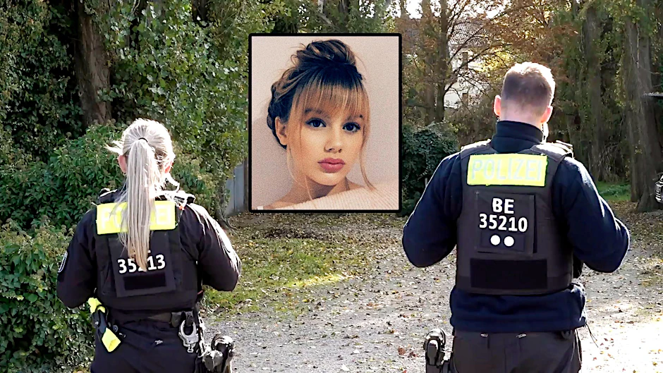 Mord-Fall Rebeca: Polizei-Beamte stehen vor dem Grundstück in Tauche (Landkreis Oder-Spree) wo die Durchsuchungen laufen.