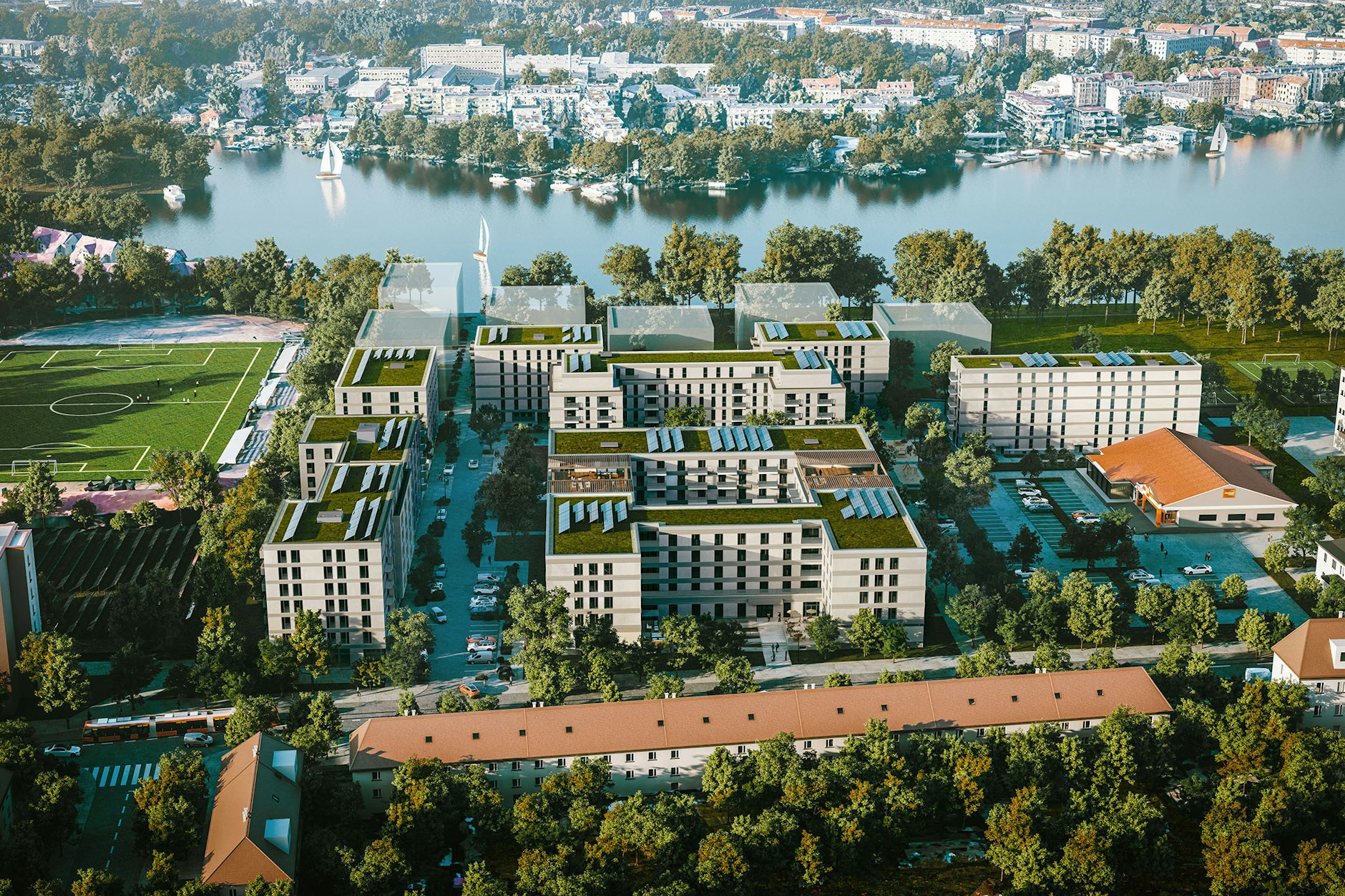 Direkt am Ufer der Dahme: Auf dem Gelände des ehemaligen Funkwerks Köpenick errichtet die Gewobag ein neues Wohnviertel mit 255 Wohnungen.