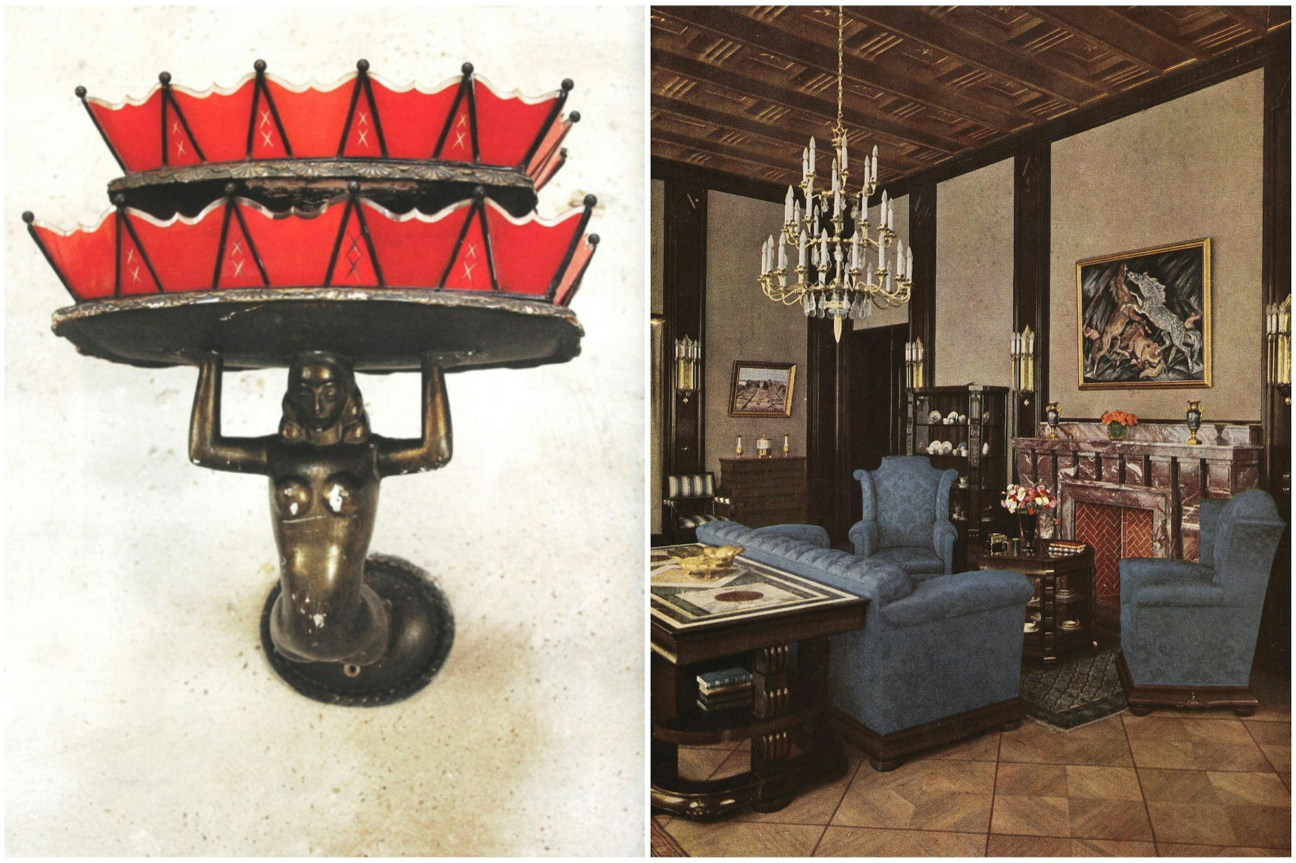 Was vom Luxus übrig blieb. Links Wandleuchte von Oskar Kaufmann für die Villa Lewin in Breslau-Wroclaw, 1917. Rechts Empfangszimmer mit Mobiliar von Jean Krämer, Villa für Otto Bing in Berlin-Wannsee, publiziert 1922.