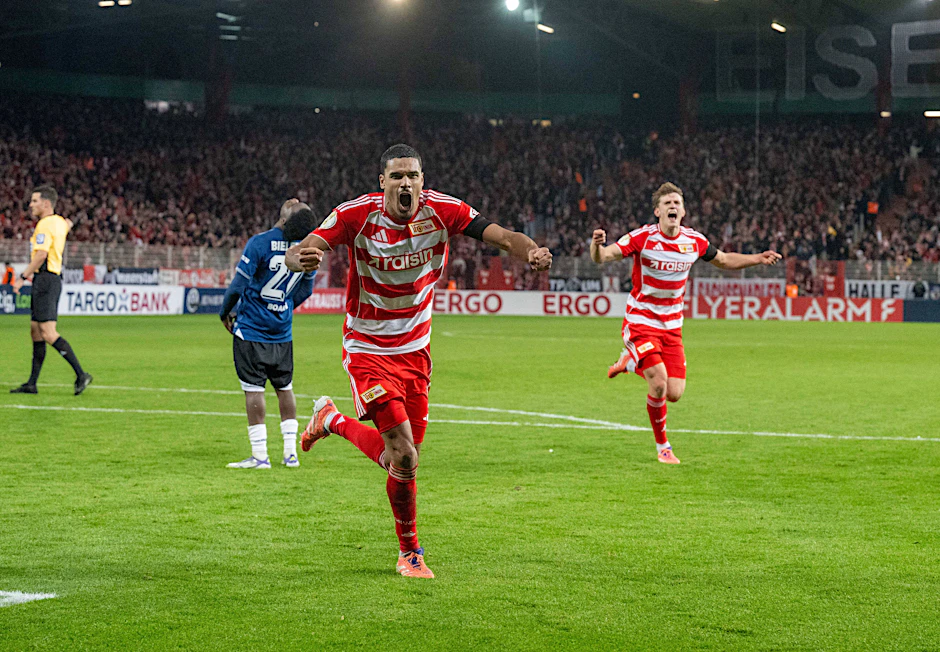 Wer sonst? Danilho Doekhi erlöst den 1. FC Union in der 106. Minute der Verlängerung der Pokal-Schlacht und trifft gegen Arminia Bielefeld zum 2:1.