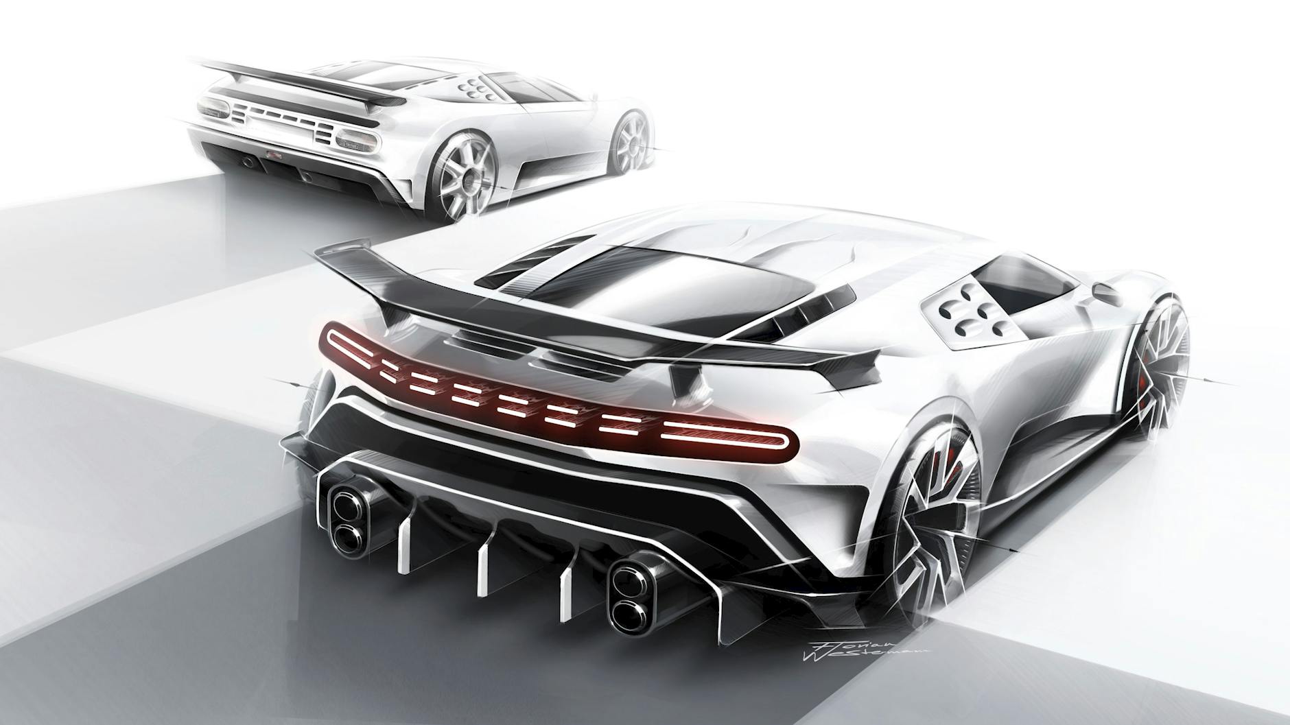 Der Bugatti Centodieci (2019) war eine Hommage an den EB110 (l.)