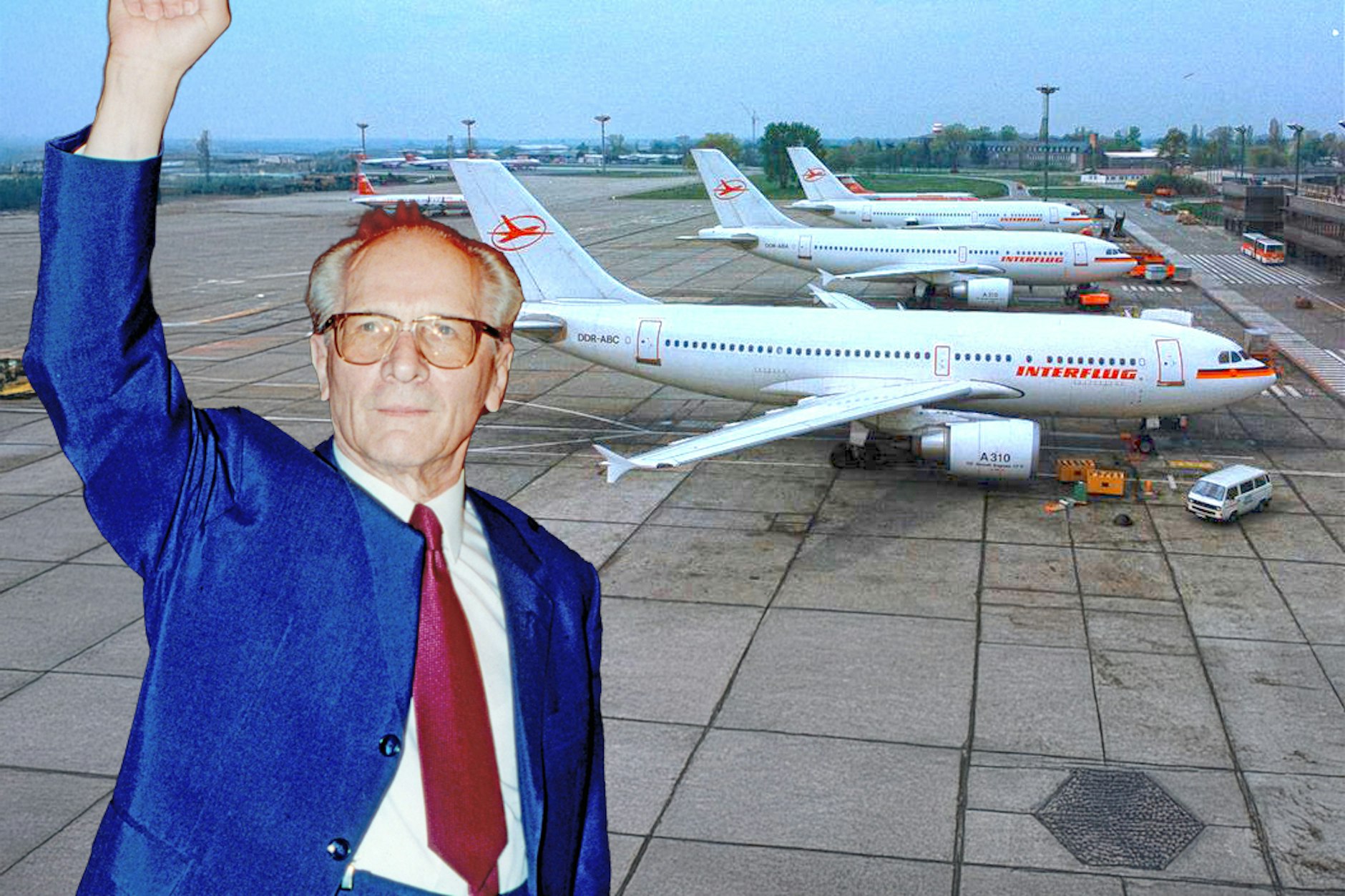 Erich Honecker mit geballter Faust und die Airbusse mit Interflug-Lackierung: Um die Überlegenheit des Sozialismus zu zeigen, schaffte man sich in der DDR auch Flugzeuge aus dem Westen an.