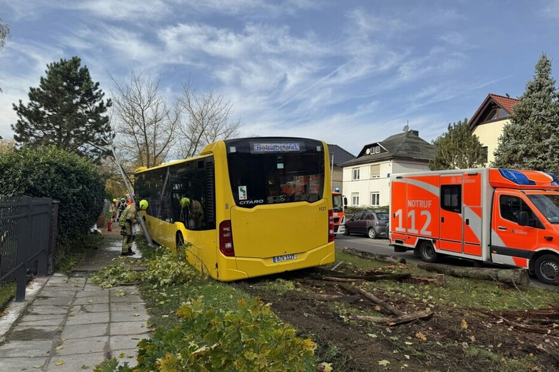Der Linienbus der BVG rauschte gegen Bäume und eine Laterne.