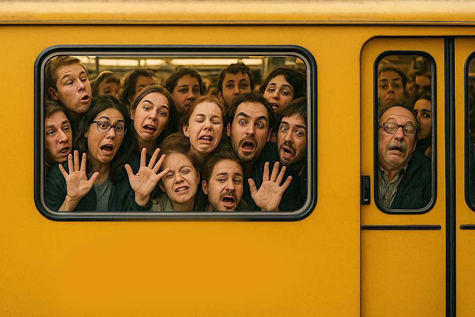 Berlin wird immer voller: So stellt sich die Künstliche Intelligenz das Fahren mit der U-Bahn vor.