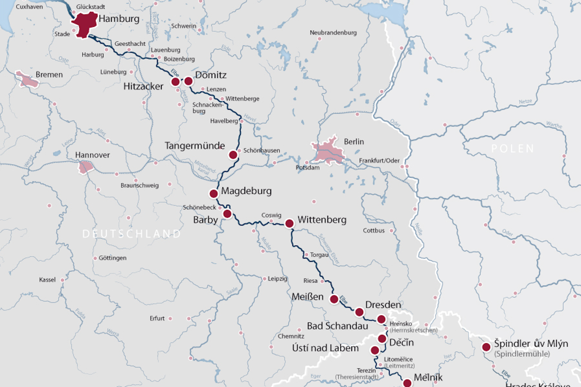 So verläuft die Elbe durch Deutschland. Westlich der Elbe ist vor allem die tiefschwarze Rabenkrähe zu finden, östlich davon dominiert die grau-schwarze Nebelkrähe