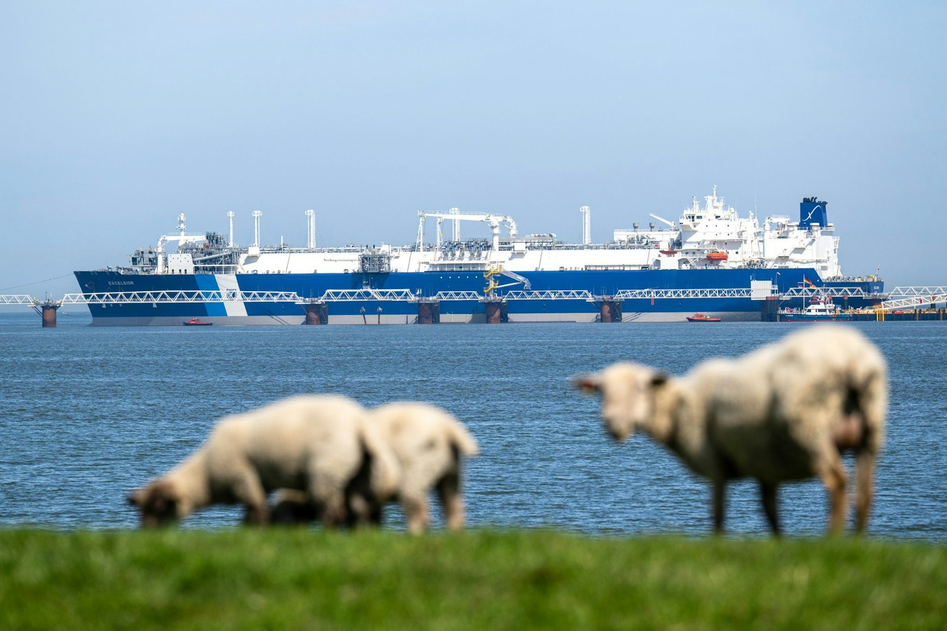 Das LNG-Spezialschiff „Excelsior“ kommt am neu gebauten Anleger in der Jade nördlich des Tiefwasserhafens JadeWeserPort an. (Symbolbild)
