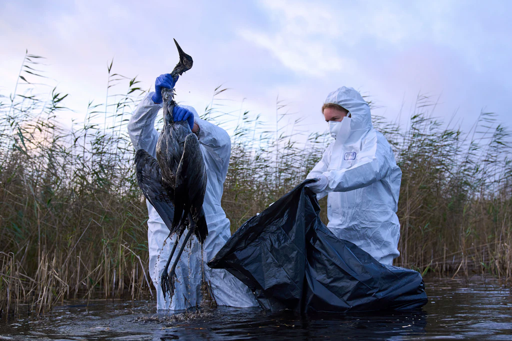 Umweltarbeiter sammeln die Kadaver von Vögeln, die an der Vogelgrippe verendet sind, aus einem See.
