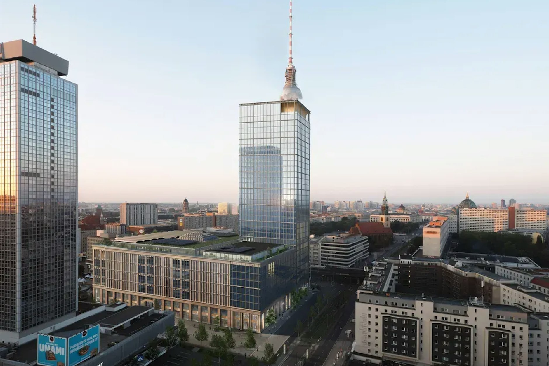 Auf der Computer-Animation ist von Friedrichshain aus der Blick durch den Wolkenkratzer auf dem Fernsehturm getrübt.