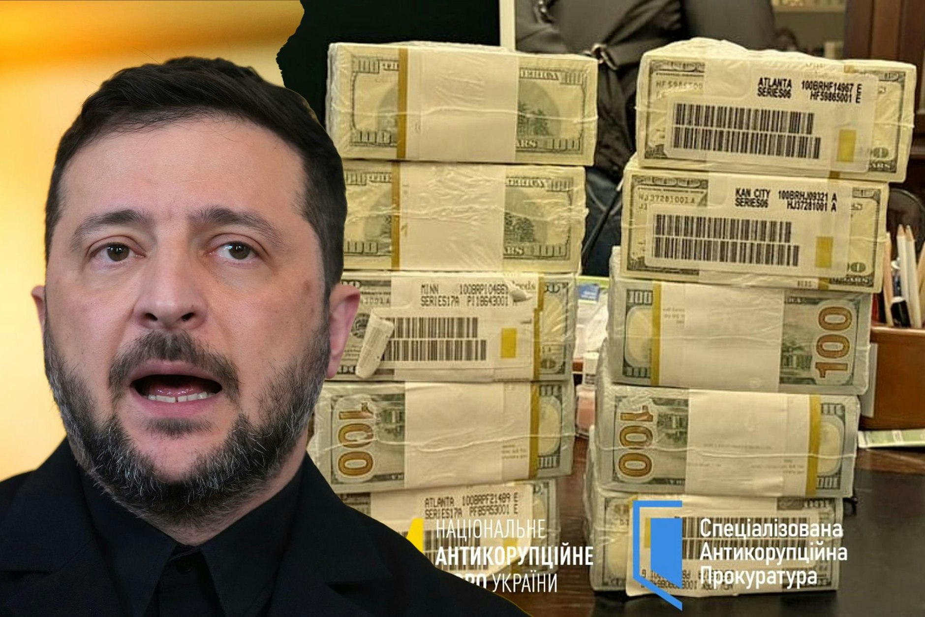 Der ukrainische Präsident Wolodymyr Selenskyj. Rechts: Große Bargeldmengen, die vom Nationalen Antikorruptionsbüro bei Hausdurchsuchungen bei Staatsangestellten der Ukraine gefunden wurden.