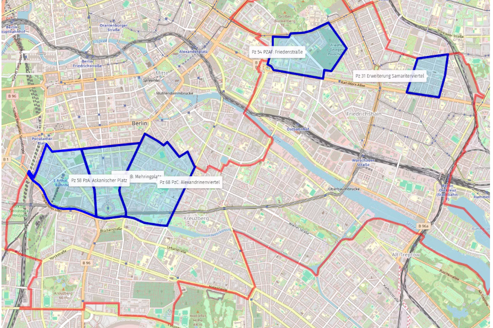 Die blau markierten Bereiche zeigen neue Parkzonen für Friedrichshain und Kreuzberg an, die nächsten Jahr starten.  