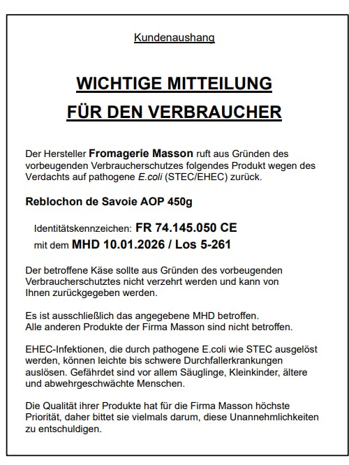 Die Rückruf-Information des französischen Käseherstellers Fromagerie Masson.
